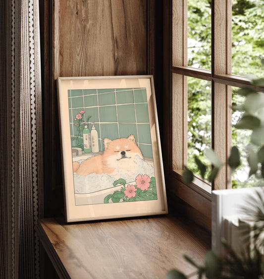 Pomeranian Bath Print: Ukiyo-e Japanese Dog Art