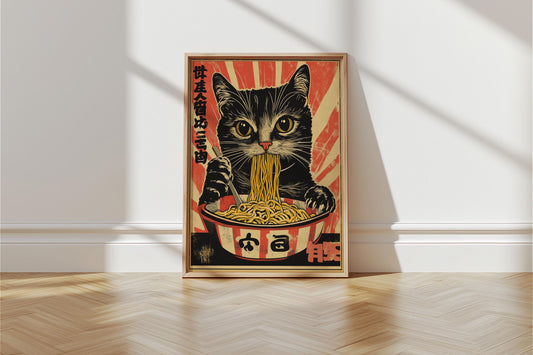 Vintage Cat Eating Ramen, Noodles Poster, Funny Black Cat Wall Art, Kitchen Decor, Japanese Inspired Cat Art Print, Cat Lover Gift