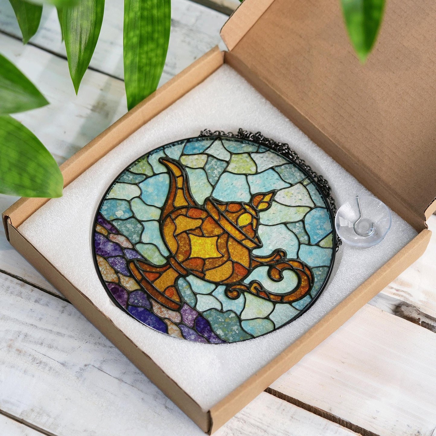 Stained Glass Genie Lamp Suncatcher Unique Handmade Window Decoration Gift for Home or Special Occasion