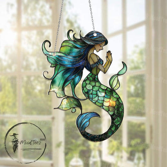 Mermaid Window Hanging, Ocean-Inspired Mermaid Decor, Boho Sea Art, Colorful Mermaid Sun Catcher, Unique Coastal Home Gift