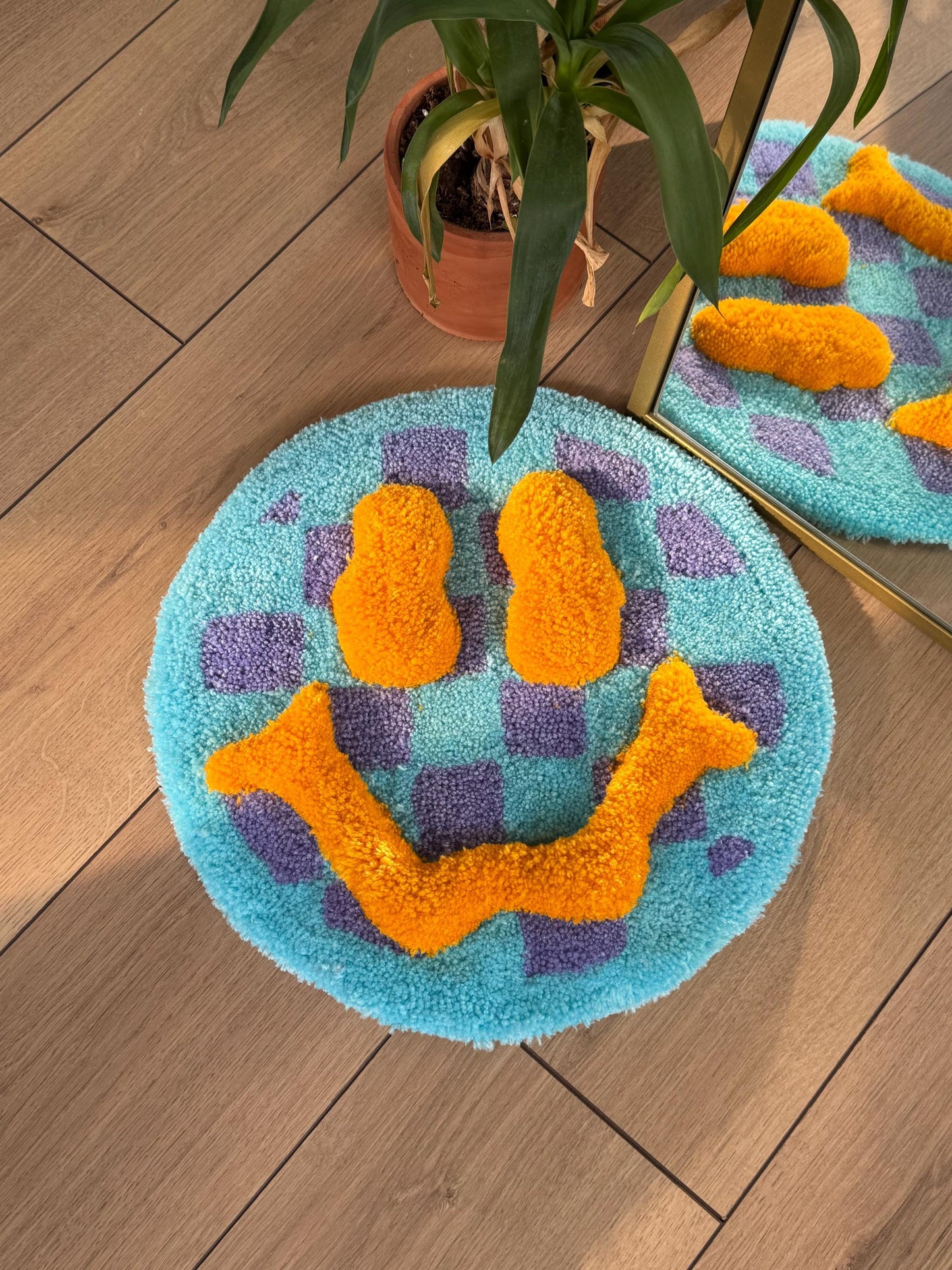 3D Acid Fluffy Checkered Smile Face Tufted Rug, Handmade Tufted Rugs, Tufted Wall Art, Wall Hangings, Tufting Rugs, Custom Rugs