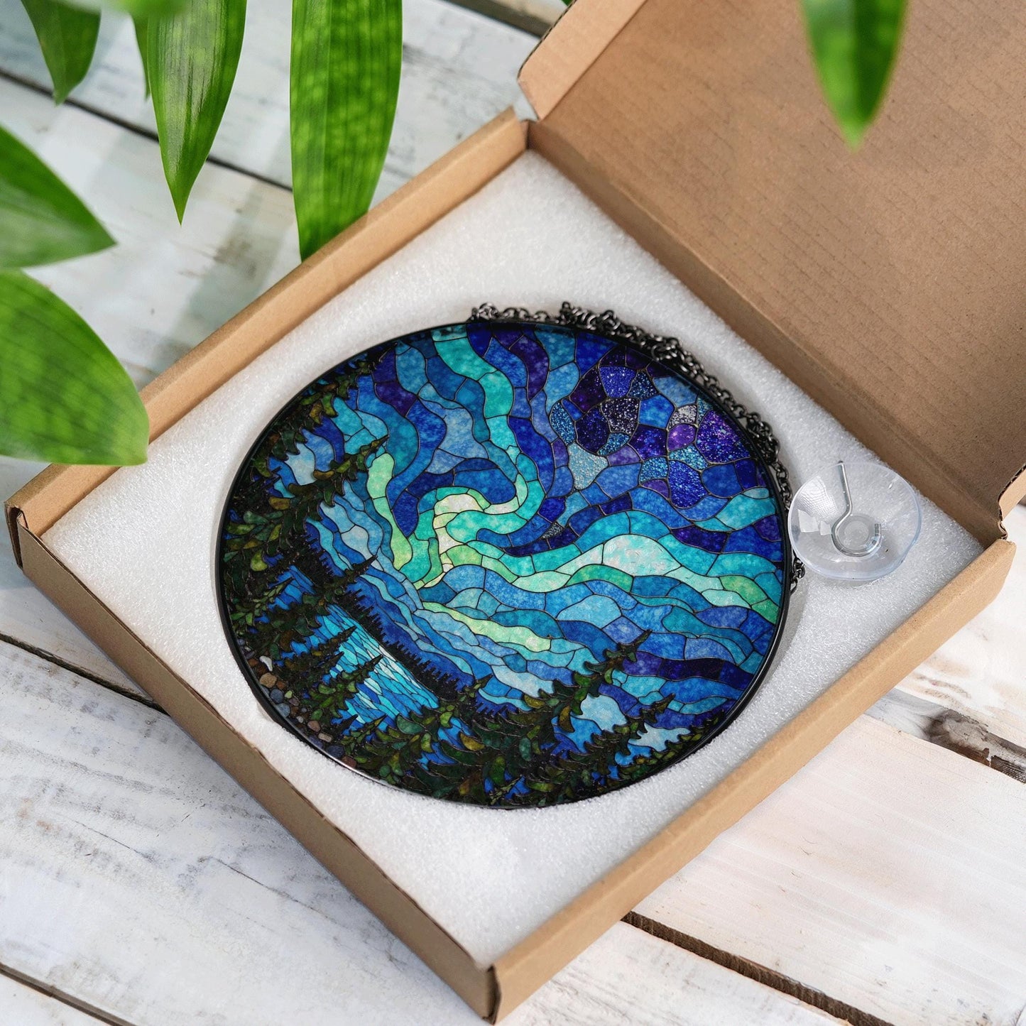 Northern Lights Stained Glass Suncatcher Nature Window Hanging Gift for Nature Lovers