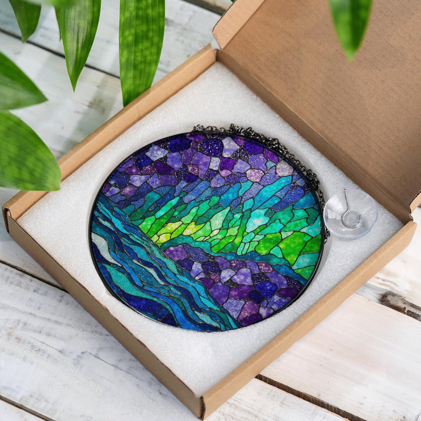 Northern Lights Stained Glass Suncatcher Window Decor Gift for Nature Lovers
