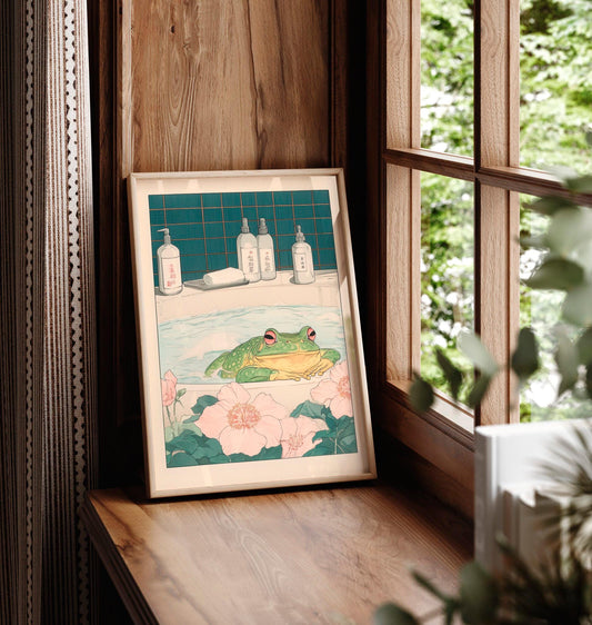 Frog in Bathtub Art Print: Japandi Bathroom Wall Decor