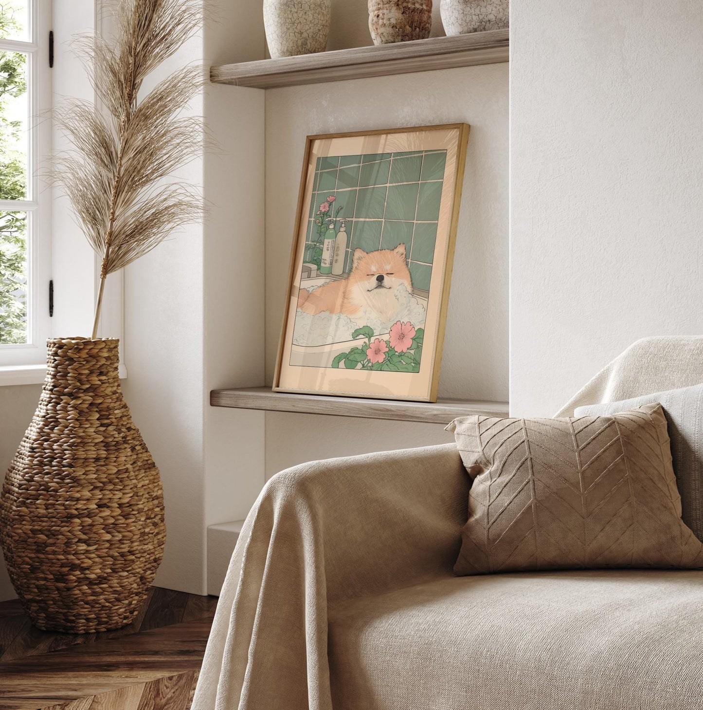 Pomeranian Bath Print: Ukiyo-e Japanese Dog Art