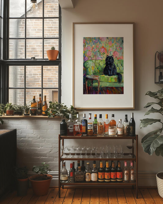 Black Cat with Champagne Art Print: Quirky Retro Bar Cart Decor