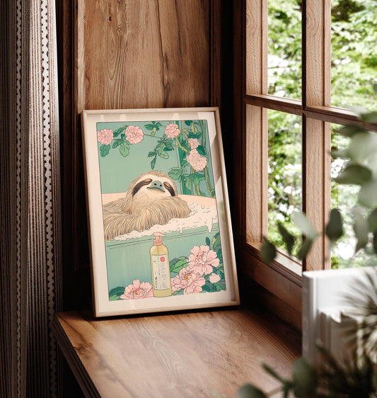 Sloth in Bathtub Ukiyo-e Print: Japandi Bathroom Wall Art