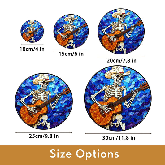 Skeleton Cowboy Playing Guitar Stained Glass Suncatcher Gift for Music Lovers