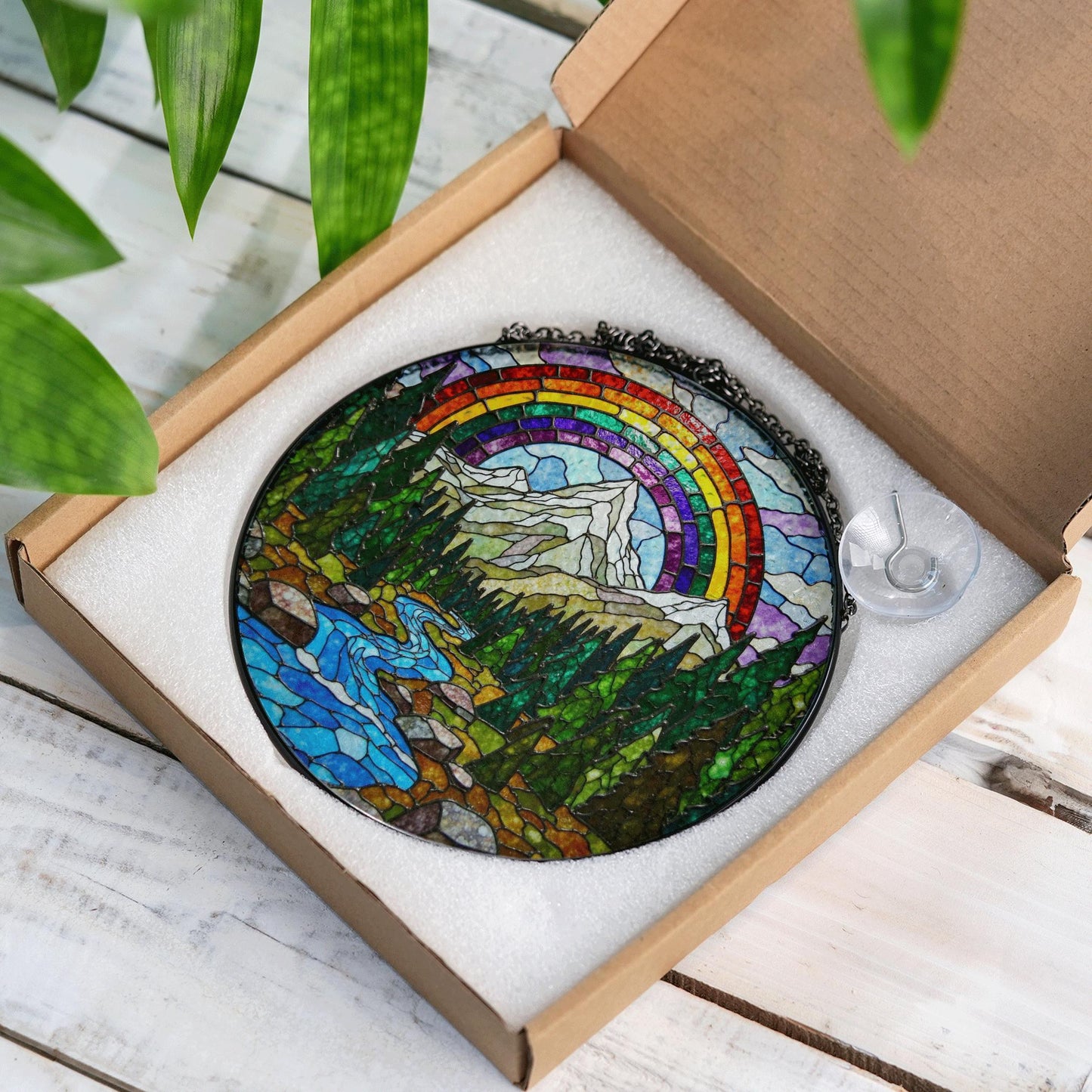Mountain River Stained Glass Suncatcher Nature Window Hanging Gift for Hikers Campers