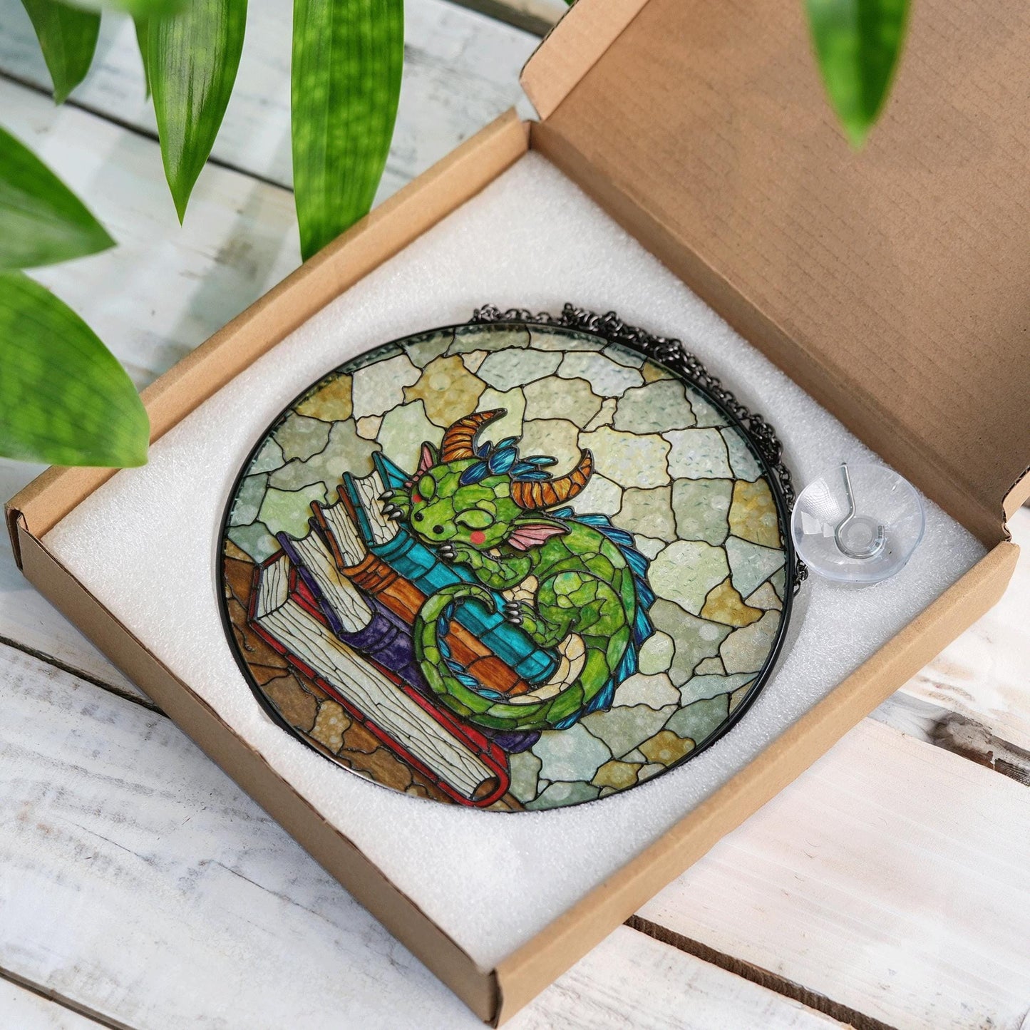Sleeping Dragon Stained Glass Suncatcher Fantasy Decor Gift for Book Lovers