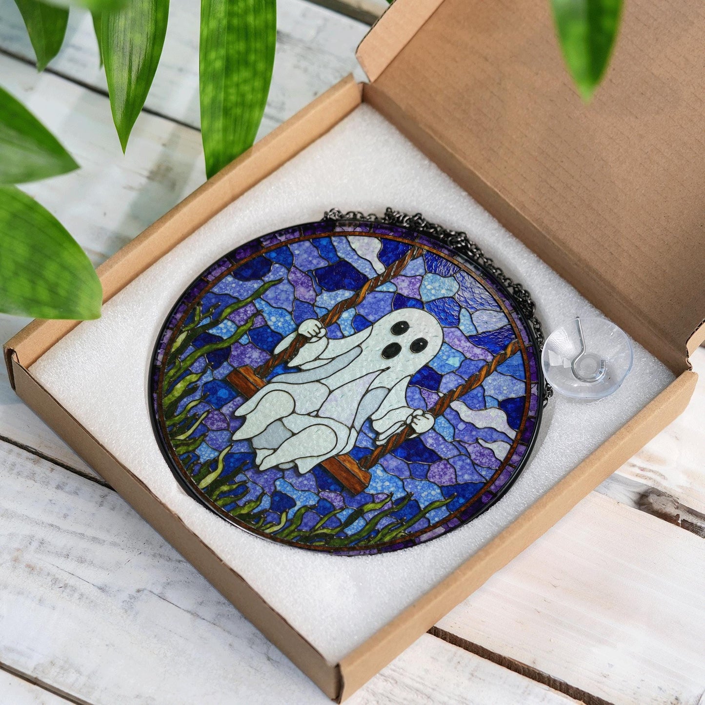 Ghost On Swing Stained Glass Suncatcher Halloween Decor Gift For Friends