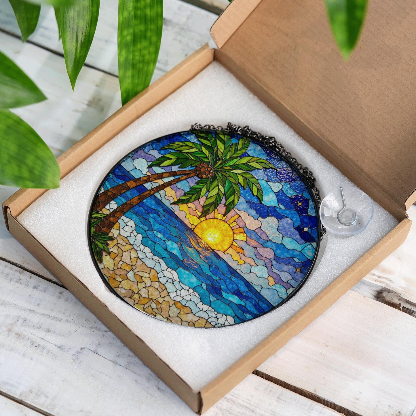 Beach Sunset Palm Tree Suncatcher Stained Glass Window Decor Gift for Mom Friend