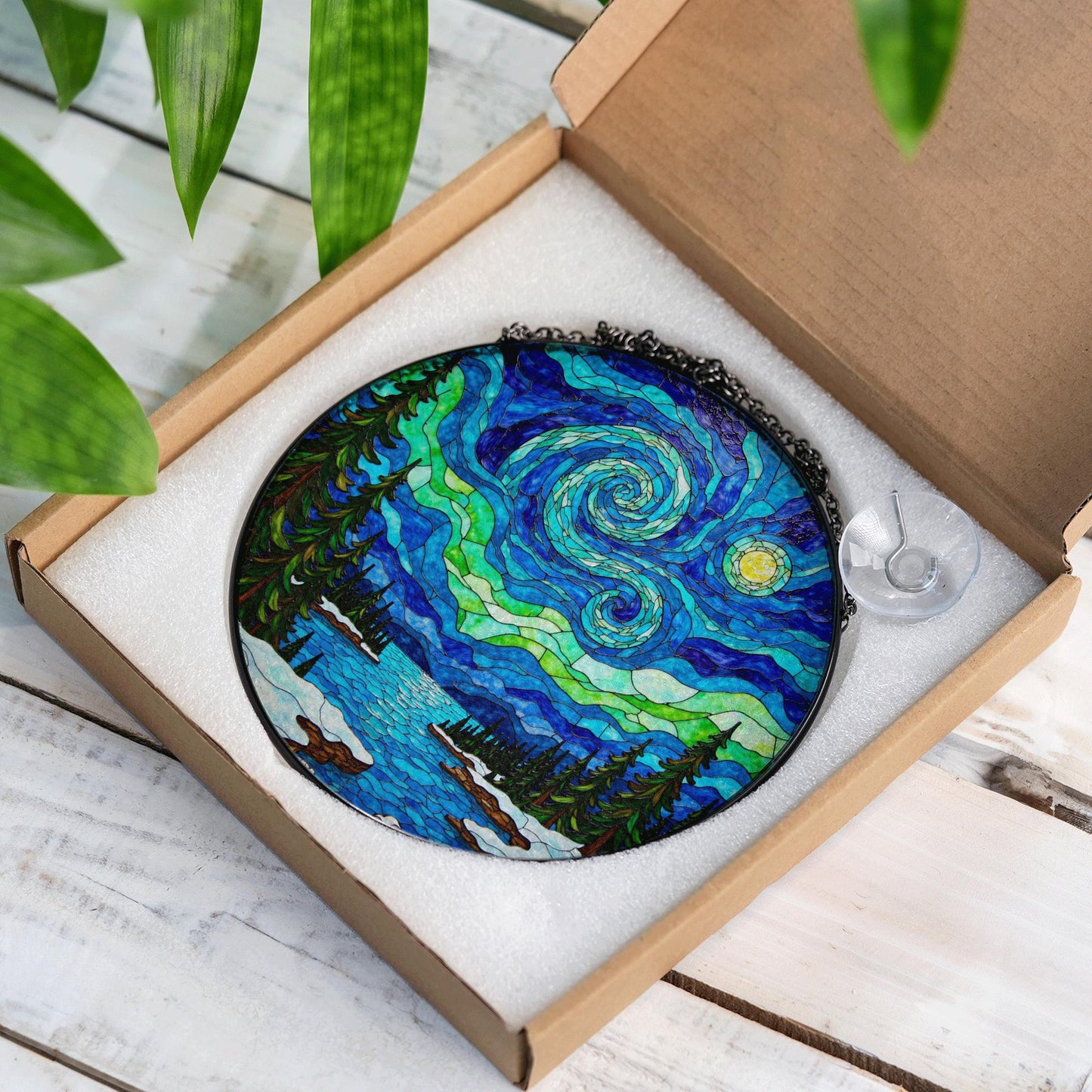 Starry Night Inspired Stained Glass Suncatcher Handcrafted Gift for Art Lovers Window Decor