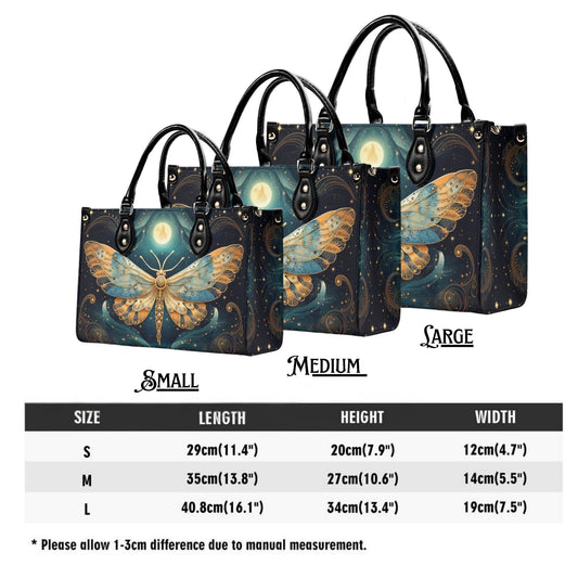 Lunar Moth Chic Tote Handbag. Mystical Handbag, Waterproof PU Leather Tote, Top Handle Vegan Leather, Crossbody, Shoulder bag.