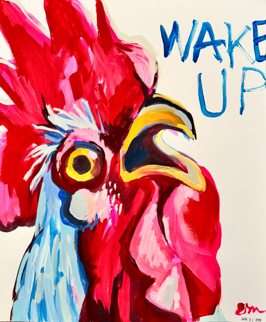 Wake Up! Rooster Crowing Art | Original Gouache Painting by Erika Lamar Buentello