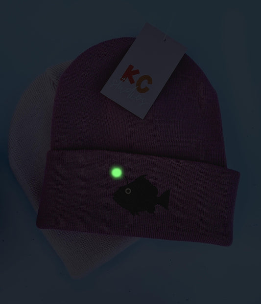Cute Glow in the Dark Angler fish Embroidered Beanie - Free Delivery - More Colours - Glow Thread Dark Cool