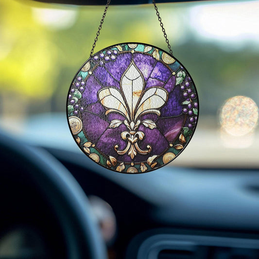 Fleur-de-Lis Stained Glass Suncatcher, Purple Floral Ornament, Vintage Style Window Hanging, Elegant Home Decor, Memorial Gift