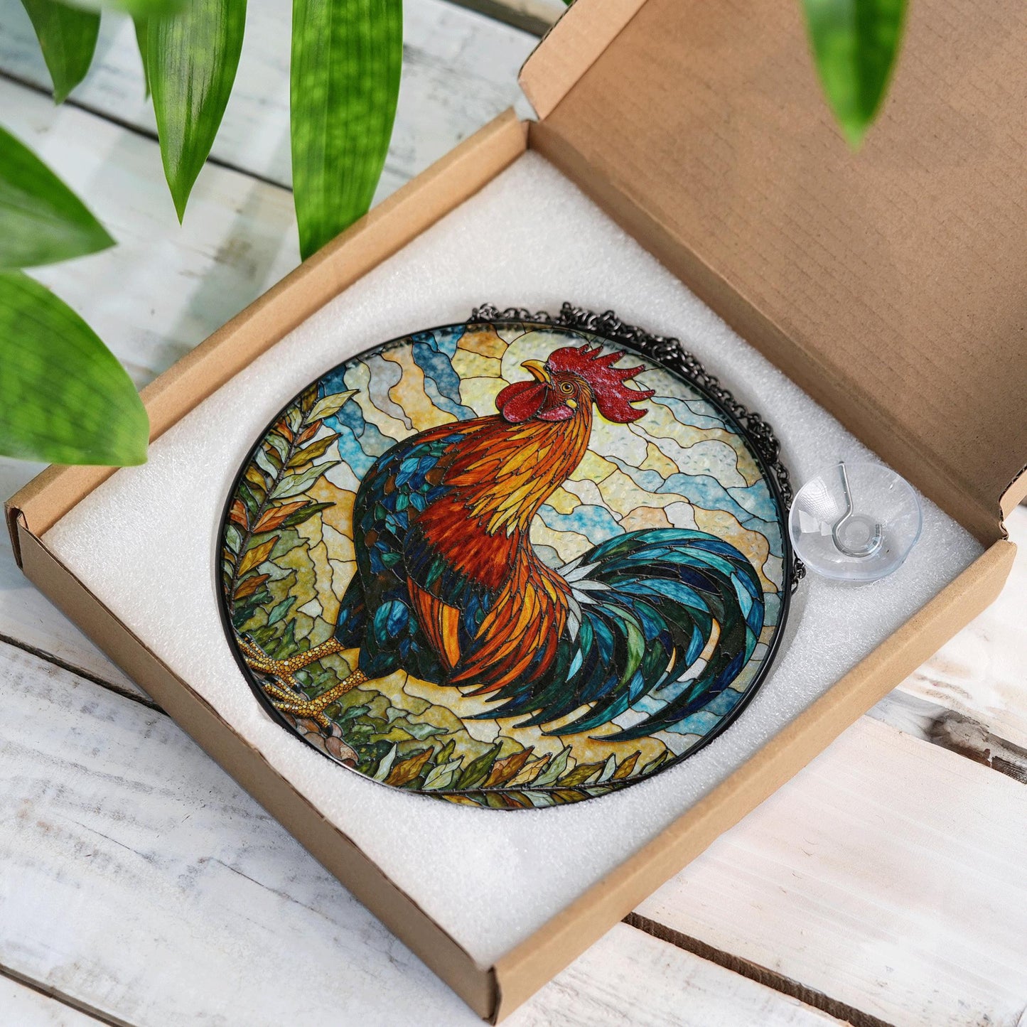 Rooster Stained Glass Suncatcher Window Hanging Gift for Farmers Nature Lovers