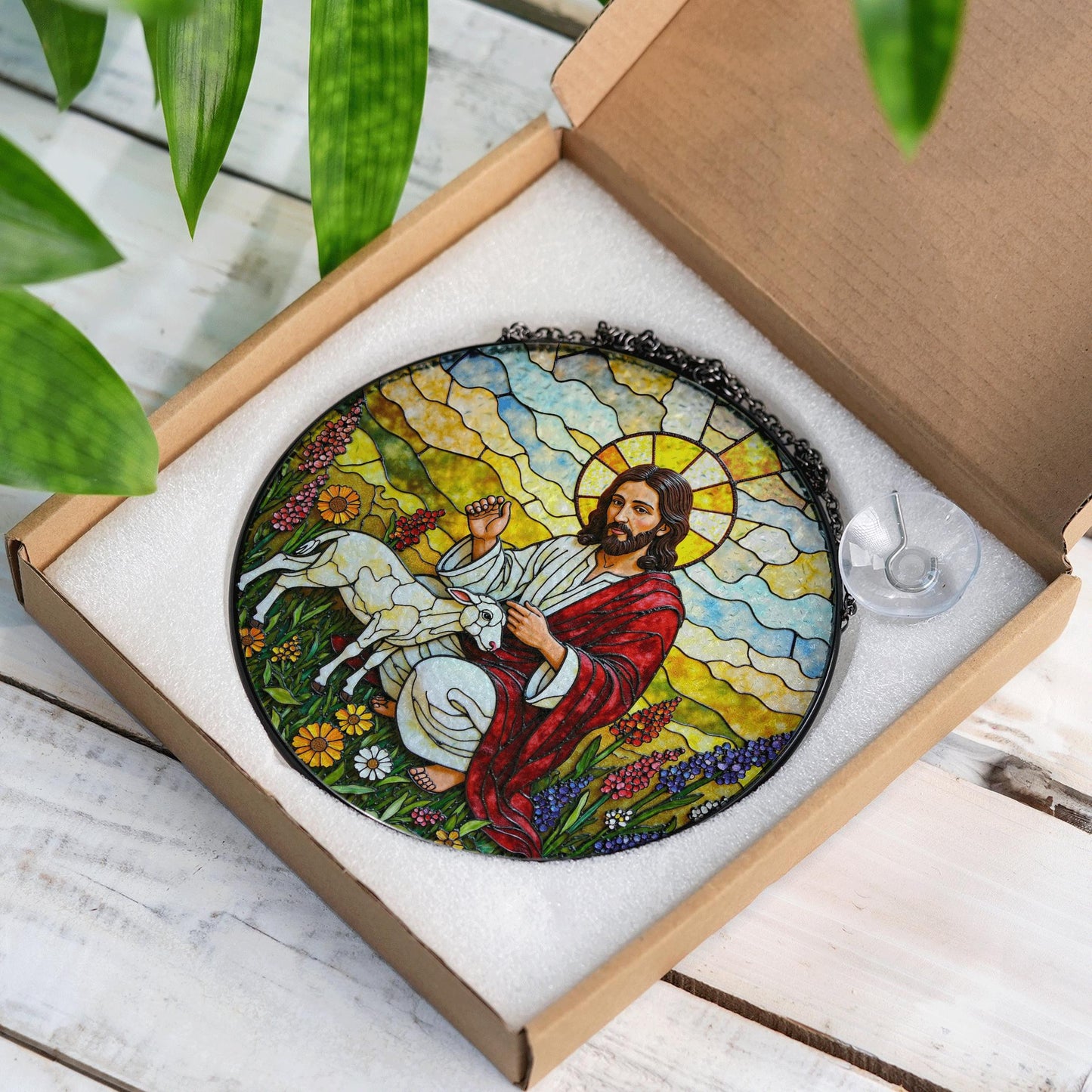 Jesus Good Shepherd Stained Glass Suncatcher Christian Home Decor Gift for Mom Dad