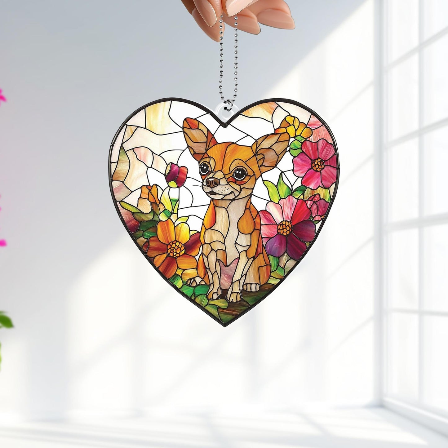 Chihuahua Dog Window Hanging, Acrylic 2D Flat Flower Ornament, Pet Lover Decor, Floral Dog Art, Gift for Dog Mom, Memorial Gift