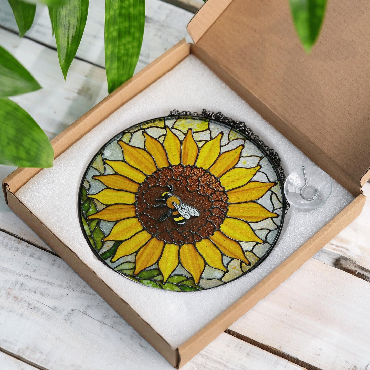 Sunflower Stained Glass Suncatcher Bee Decoration Gift for Garden Lovers