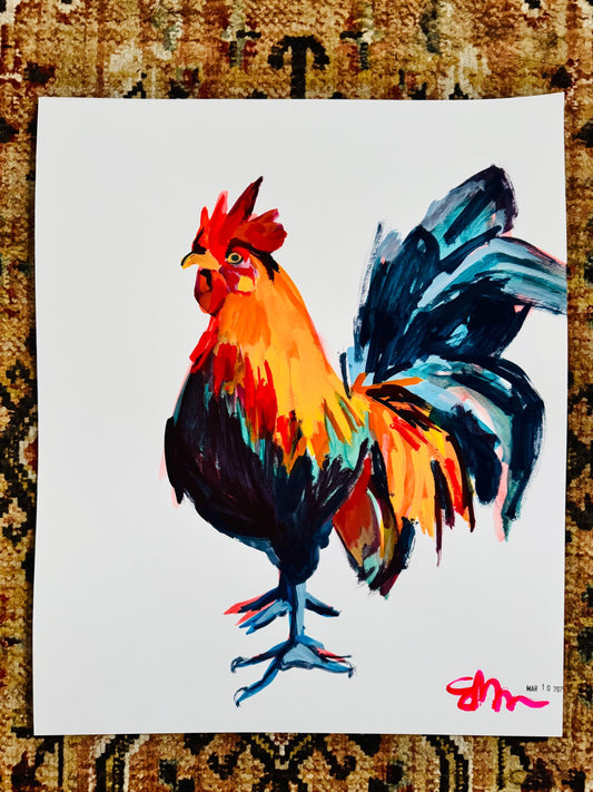 Spotted Rooster Crowing Art | Original Gouache Painting by Erika Lamar Buentello