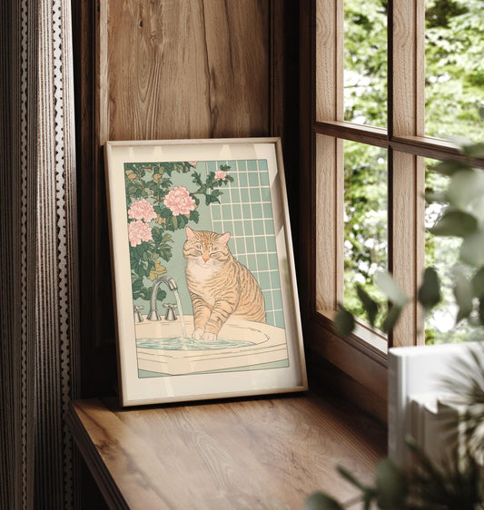 Tabby Cat Bathroom Print: Ukiyo-e Japanese Wall Art