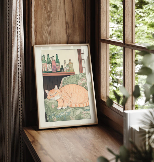 Sleeping Tabby Cat Print: Ukiyo-e Japanese Bedroom Wall Art