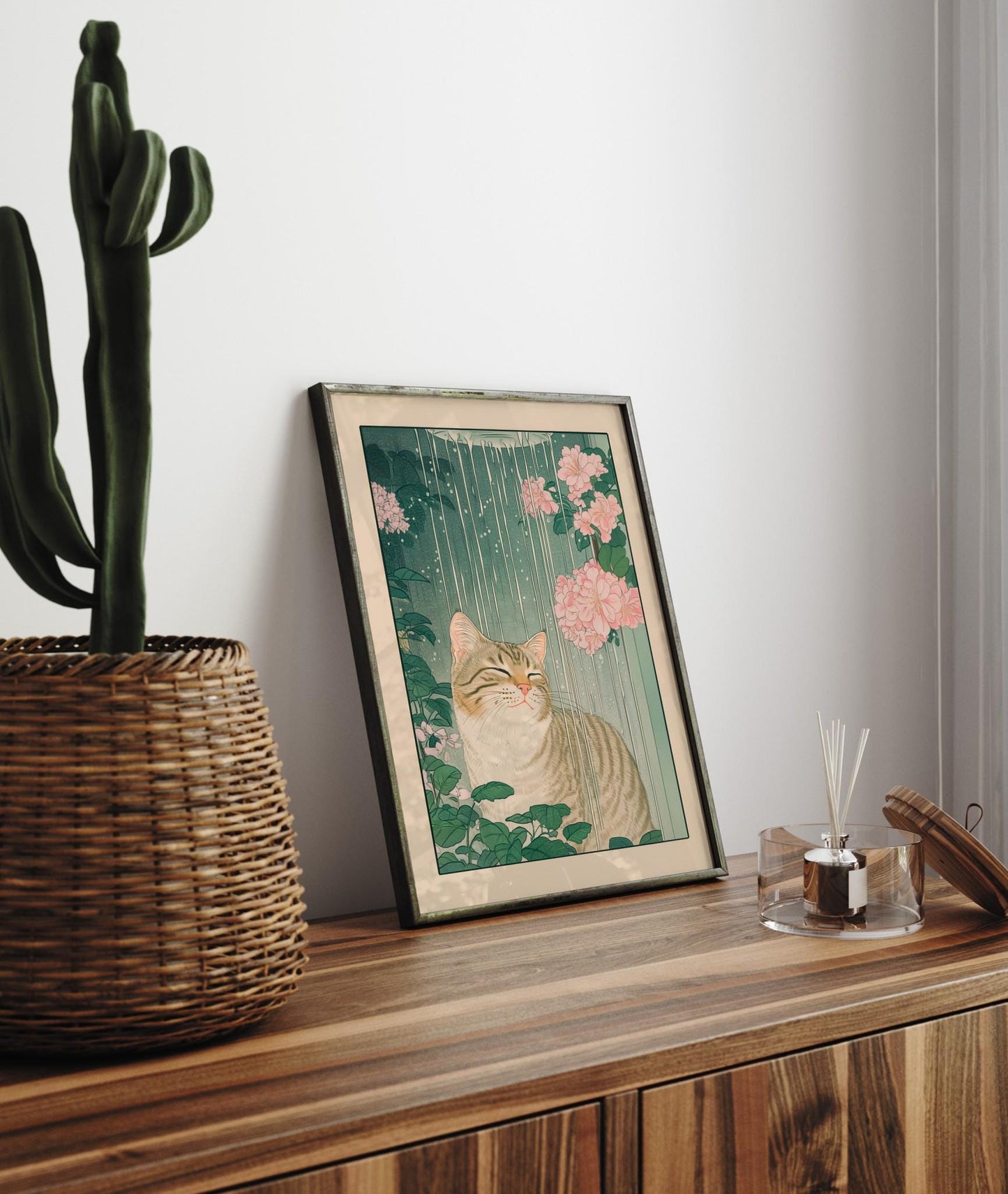 Tabby Cat Shower Print: Ukiyo-e Botanical Bathroom Wall Art