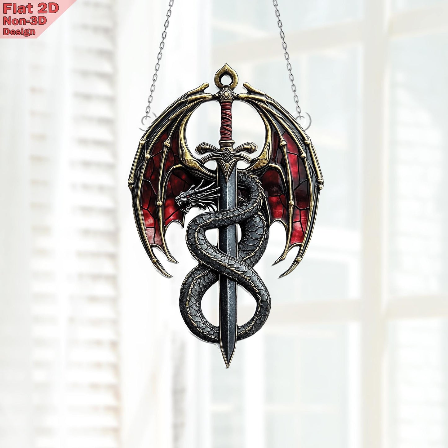 Dragon Sword Window Hanging, Acrylic 2D Flat, Medieval Car Charm, Fantasy Car Decor, Gothic Style Ornament, Free Custom Keychain