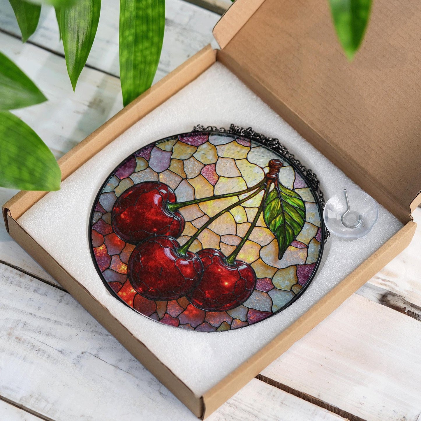 Stained Glass Cherry Suncatcher with Red Cherries and Leaf for Window Decoration Gift