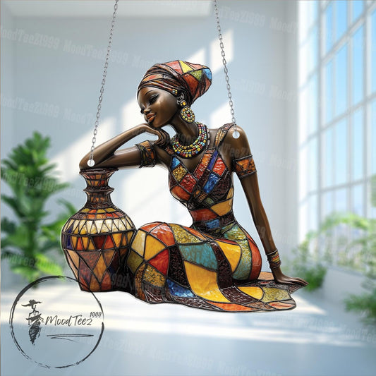 Elegant African Woman Window Hanging, Vibrant Decorative Piece, Colorful Art, Home Office Decor, Handcrafted Wall Hanging, Beautiful Artwork