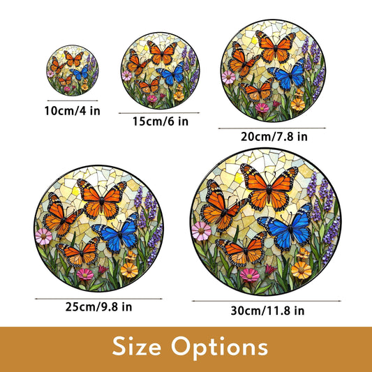 Stained Glass Butterfly Suncatcher – Monarch , Blue Butterflies in Floral Garden – Nature Gift for Mom or Garden Lover