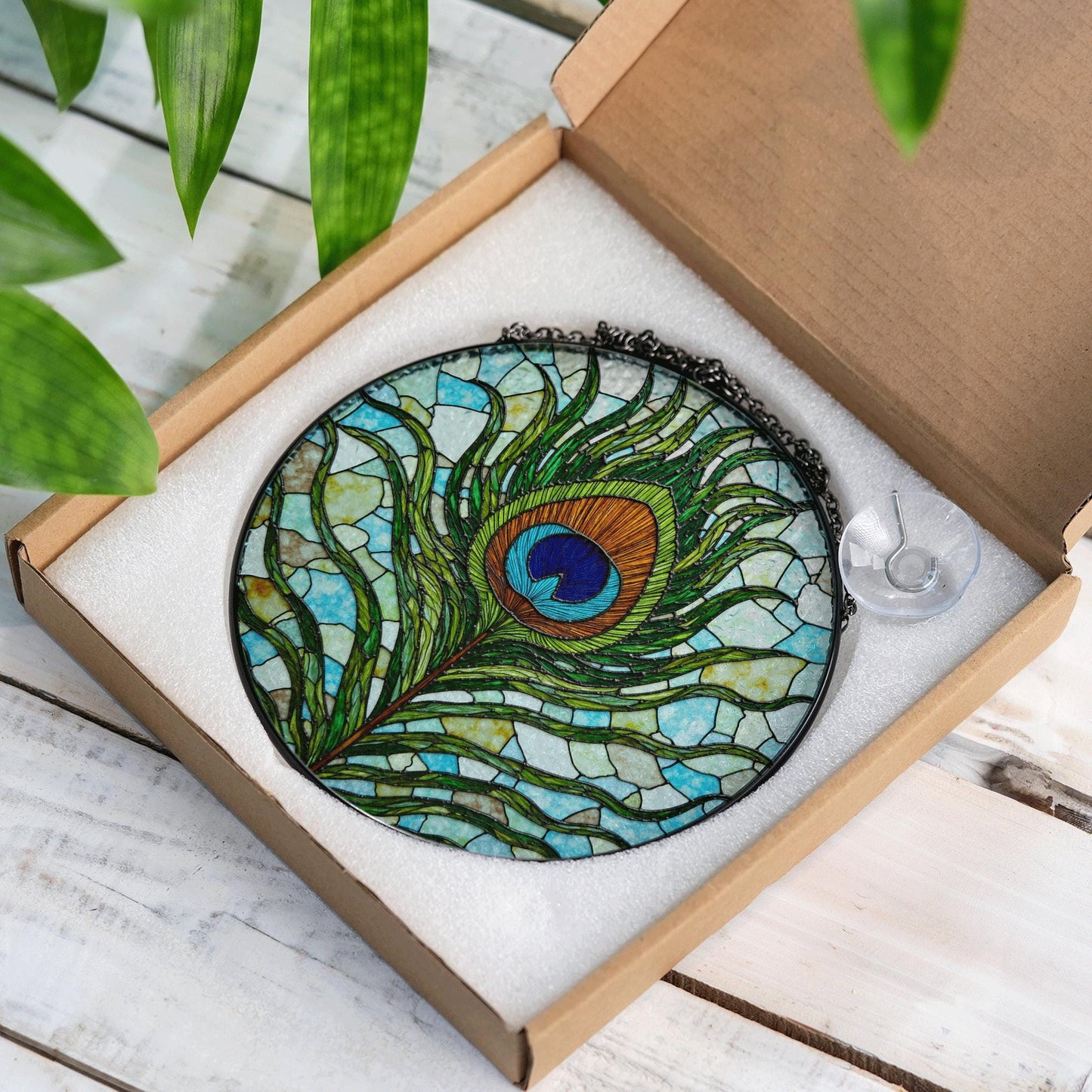Vibrant Peacock Feather Art Glass Suncatcher Window Hanging for Mom Wife or Nature Lover