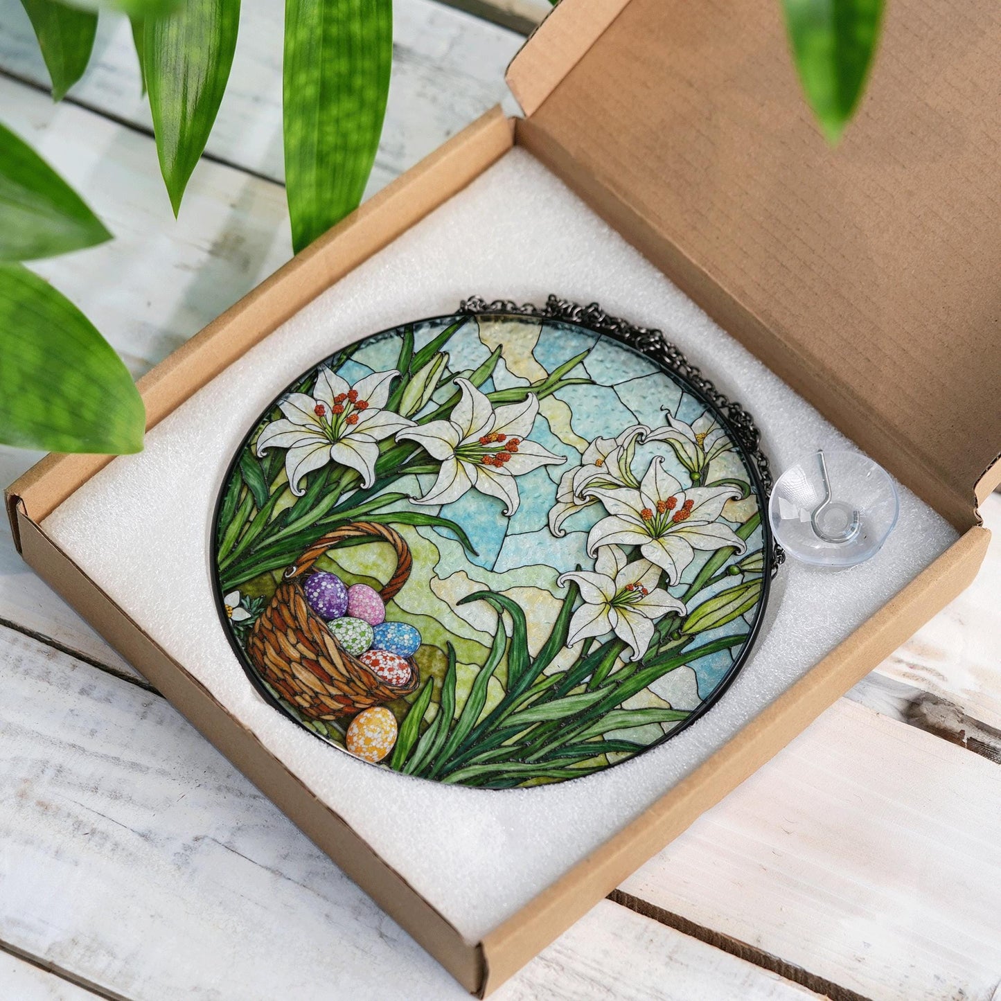 White Lilies and Easter Eggs Basket Stained Glass Suncatcher Window Hanging Gift for Grandma