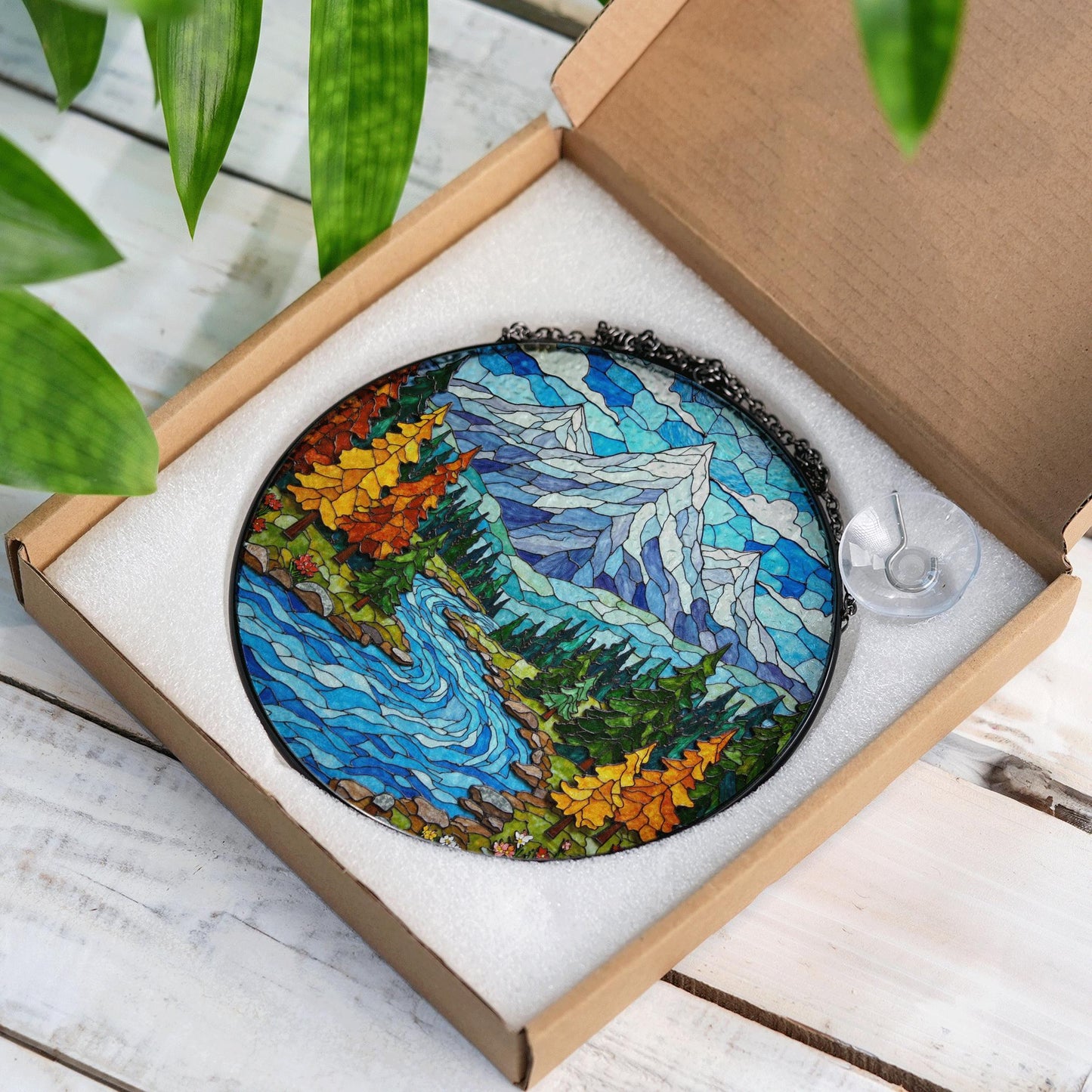 Mountain River Landscape Glass Suncatcher Nature Window Decor Gift for Hiker or Camper