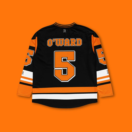 Motorsport-Inspired Unisex Oversized Hockey Jersey – Black and Orange Racing Jersey with Bold Number 5 Design