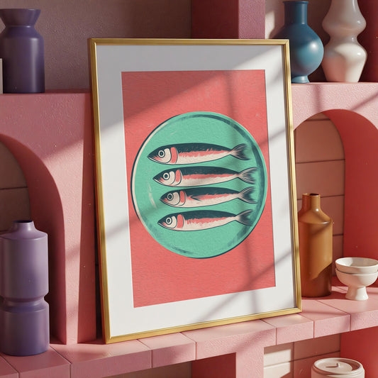 Retro Sardines Plate Print: Mid-Century Modern Kitchen Wall Art