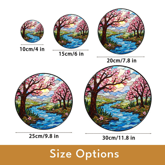 Cherry Blossom River Stained Glass Suncatcher Round Window Hanging Gift for Mom