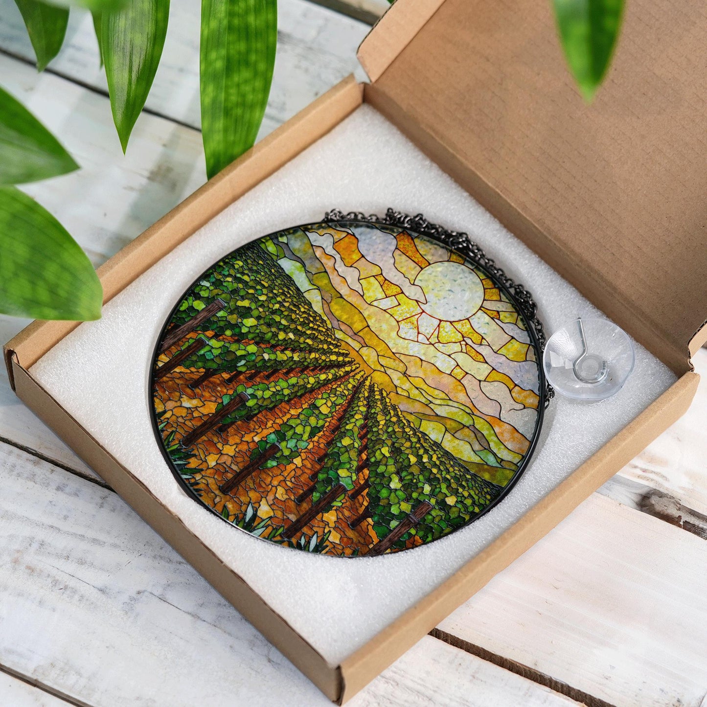 Golden Vineyard View Suncatcher Stained Glass Hanging Gift for Wine Lovers or Garden Fans