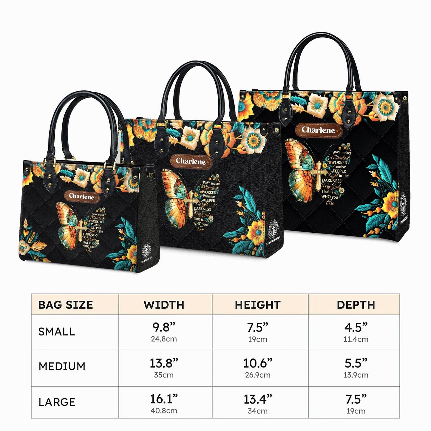 Way Maker Miracle Worker Tote, Personalized Christian Bag with Name, Faux Leather Butterfly Cross Purse, Religious Gift for Her