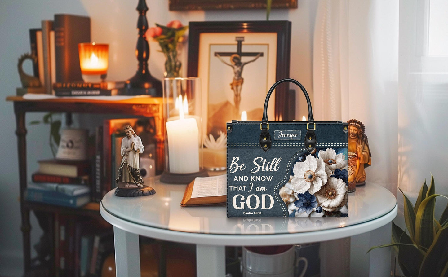 Personalized Christian Tote Bag, Be Still And Know Floral Purse, Custom Name Denim Style Handbag, Religious Gift for Her, Psalm 46:10 Bag
