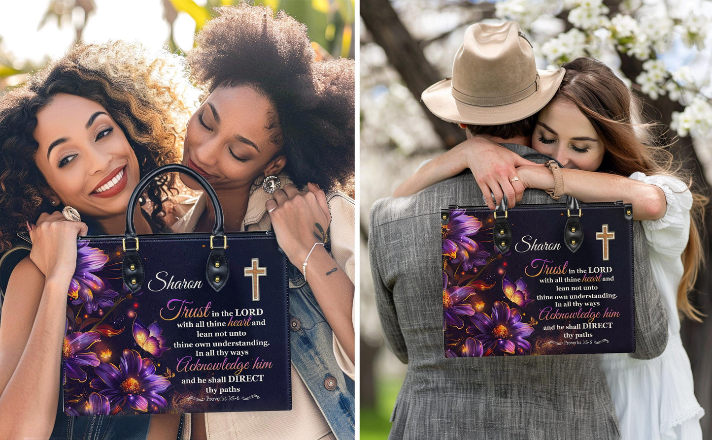 Personalized Leather Handbag Custom Name, Christian Gift, Gifts for Women, Trust in the Lord Bag, Floral Cross & Butterfly Design