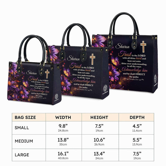 Personalized Leather Handbag Custom Name, Christian Gift, Gifts for Women, Trust in the Lord Bag, Floral Cross & Butterfly Design