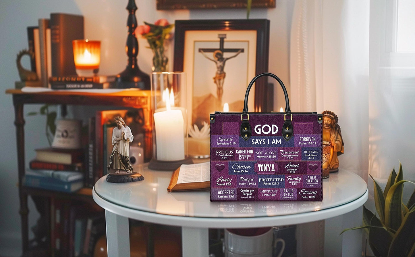 Personalized Leather Handbag Custom Name, Christian Gift, Gifts for Women, God Says I Am Inspirational Bag, Bible Verses Design