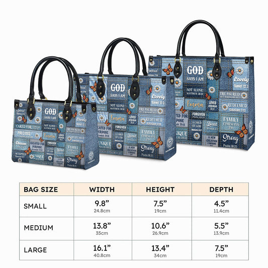 Personalized Leather Handbag Custom Name, Christian Gift, Gifts for Women, God Says I Am Bag, Blue Denim & Butterfly Design