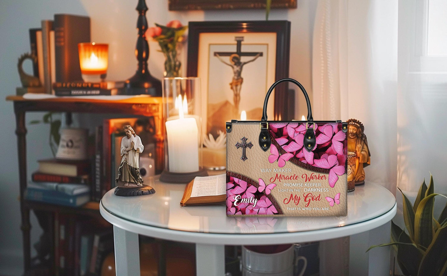 Personalized Leather Handbag Custom Name, Christian Gift, Gifts for Women, Way Maker Miracle Worker Bag, Pink Butterfly & Cross Design