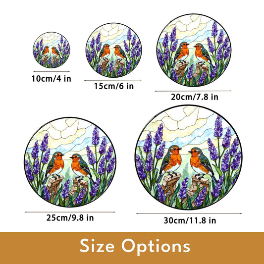 Two robins with lavender floral stained glass round suncatcher window hanging gift for mom