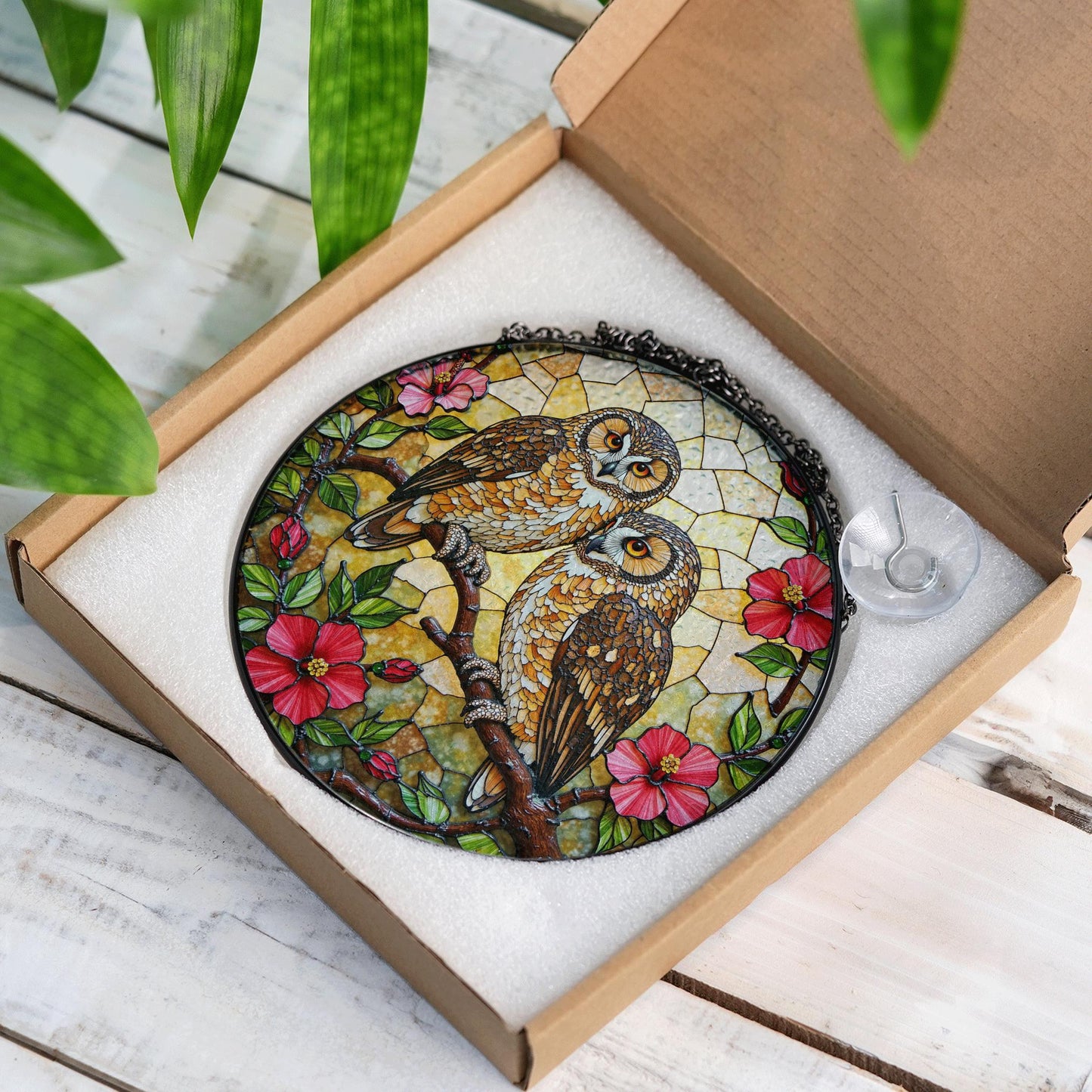 two owls on branch floral stained glass window hanging bird art gift for mom or grandma nature lovers