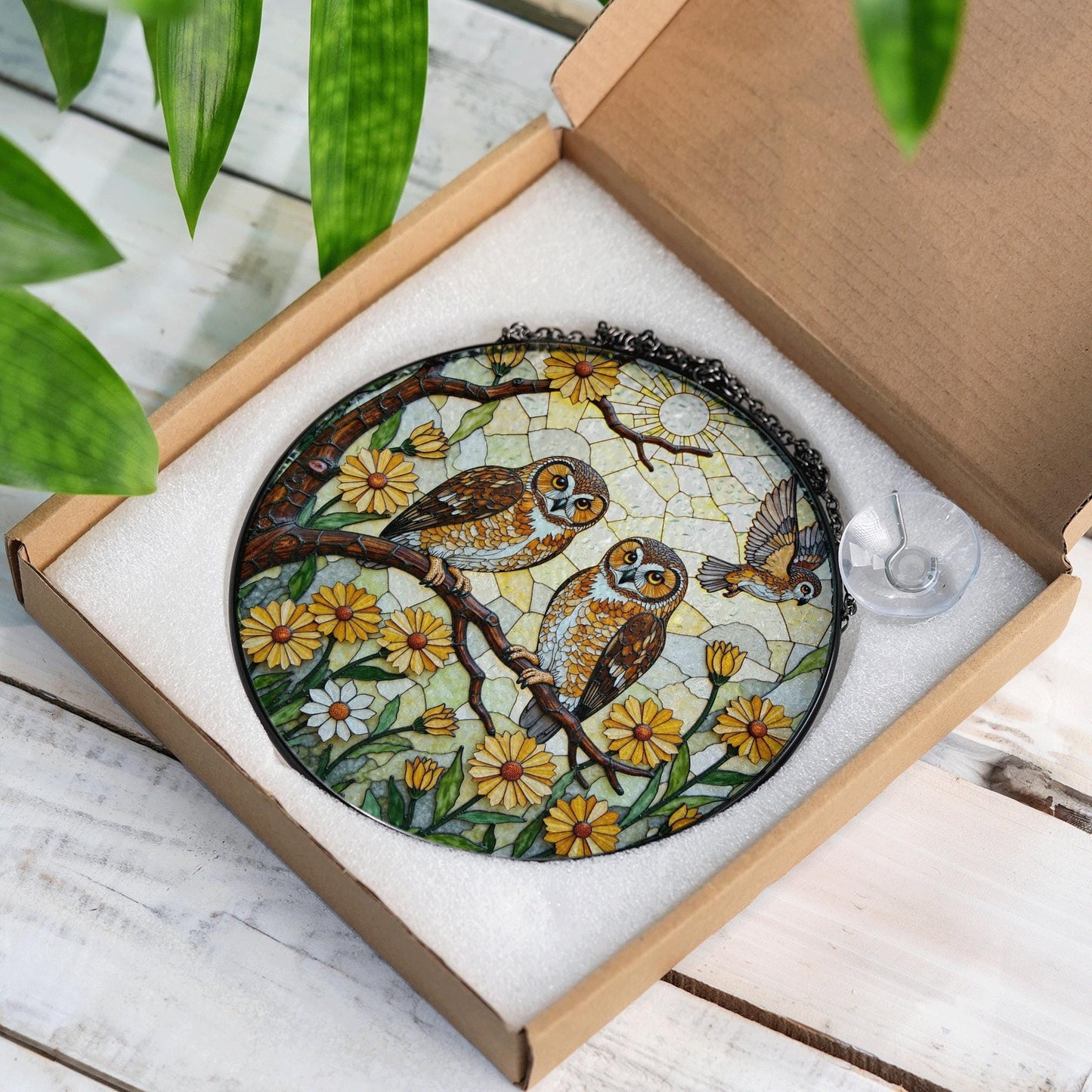 Two Owls on Flowering Branch Round Suncatcher Stained Glass Gift for Bird Lovers